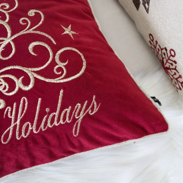Alt view image 6 of 7 - Happy Holidays Embroidered Velvet Throw Pillow 20 Inch Christmas Accent Cushion with Detailing Set, Red