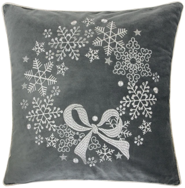Main image of Velvet Holiday Throw Pillow with Snowflake Wreath Embroidery, 20 with Insert Set, Gray, Polyester, Blankets Pillows