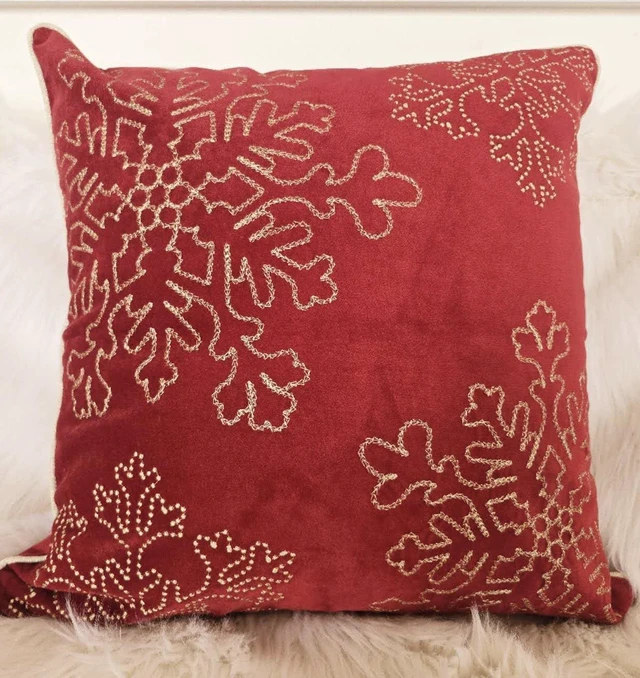 Alt view image 5 of 5 - Velvet Holiday Throw Pillow 20 with Snowflake Embroidery and Insert Set, Red, Polyester, Blankets Pillows