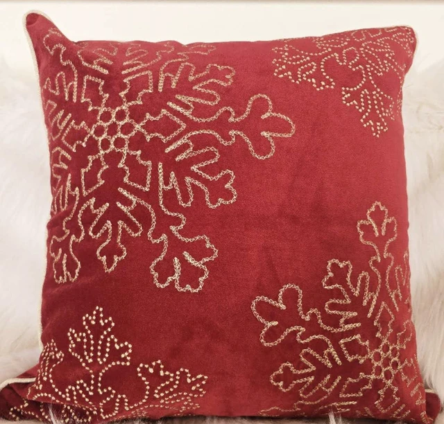 Alt view image 4 of 5 - Velvet Holiday Throw Pillow 20 with Snowflake Embroidery and Insert Set, Red, Polyester, Blankets Pillows