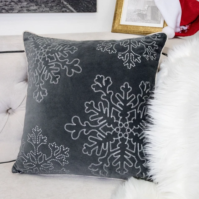 Alt view image 4 of 6 - Velvet Holiday Throw Pillow 20 with Snowflake Embroidery and Insert Set, Gray, Polyester, Blankets Pillows