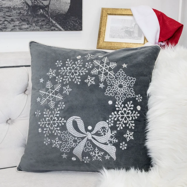 Alt view image 5 of 5 - Velvet Holiday Throw Pillow with Snowflake Wreath Embroidery, 20 with Insert Set, Gray, Polyester, Blankets Pillows