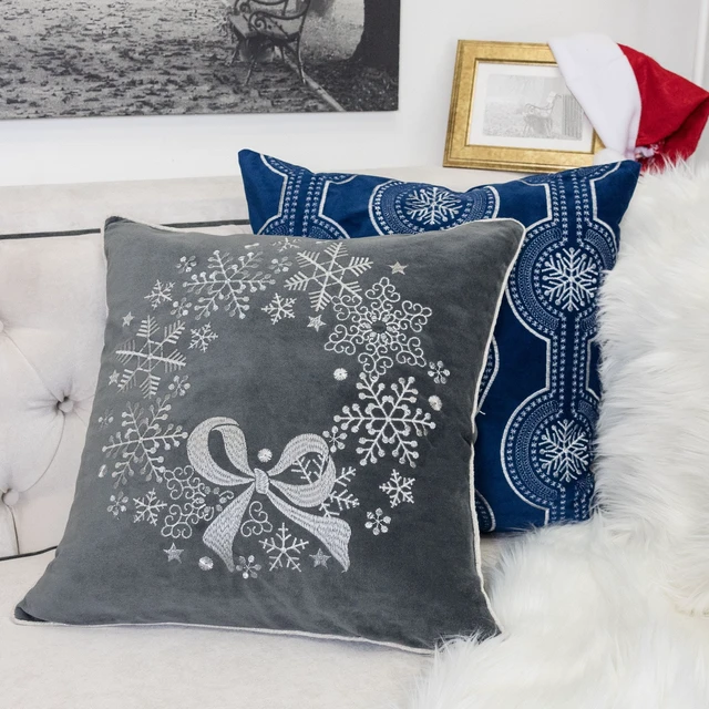 Alt view image 4 of 5 - Velvet Holiday Throw Pillow with Snowflake Wreath Embroidery, 20 with Insert Set, Gray, Polyester, Blankets Pillows