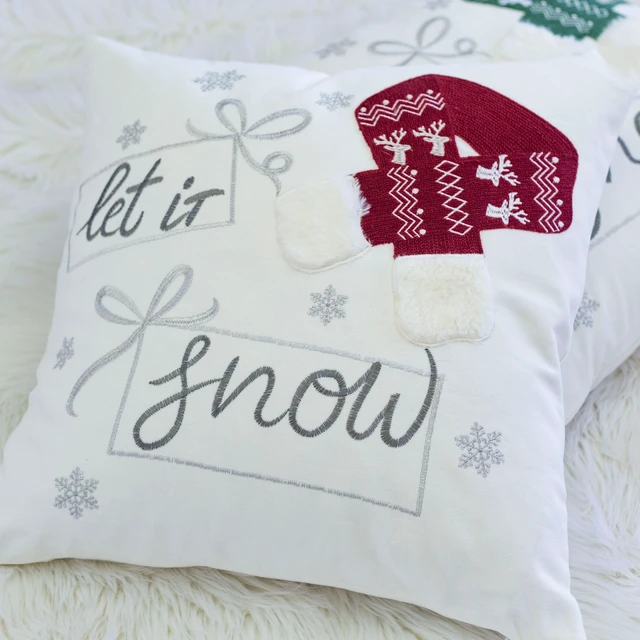 Main image of Let Snow Christmas Throw Pillow 20 Inch Square Cotton Cushion with Knit Hat Design and Insert Set, Red, Polyester