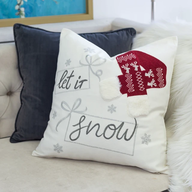 Alt view image 2 of 7 - Let Snow Christmas Throw Pillow 20 Inch Square Cotton Cushion with Knit Hat Design and Insert Set, Red, Polyester