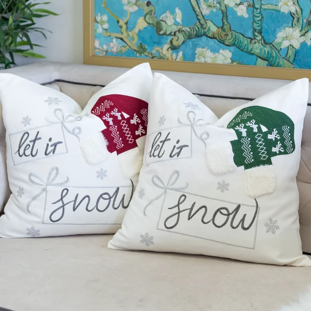 Alt view image 7 of 7 - Let Snow Christmas Throw Pillow 20 Inch Square Cotton Cushion with Knit Hat Design and Insert Set, Red, Polyester