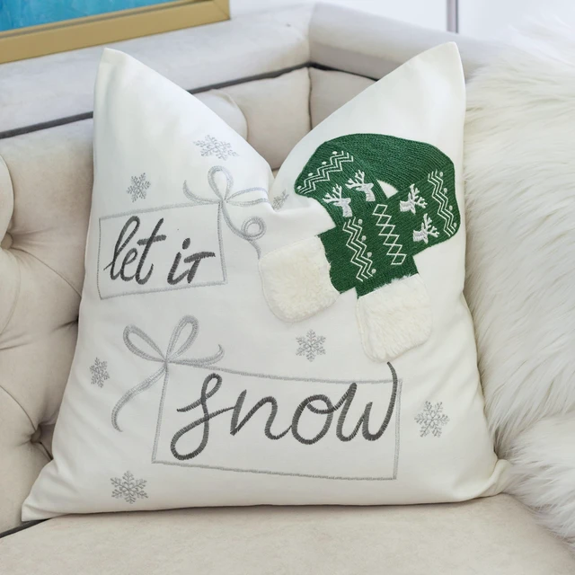 Main image of Let Snow Christmas Throw Pillow 20 Inch Square Cotton Cushion with Knit Hat Design and Insert Set, Green
