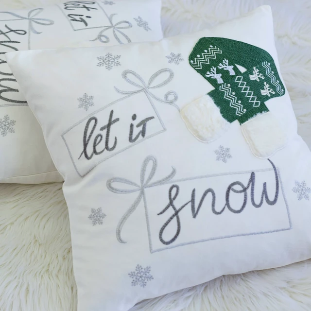 Alt view image 2 of 7 - Let Snow Christmas Throw Pillow 20 Inch Square Cotton Cushion with Knit Hat Design and Insert Set, Green