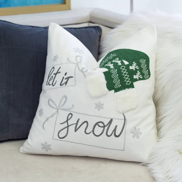 Alt view image 5 of 7 - Let Snow Christmas Throw Pillow 20 Inch Square Cotton Cushion with Knit Hat Design and Insert Set, Green