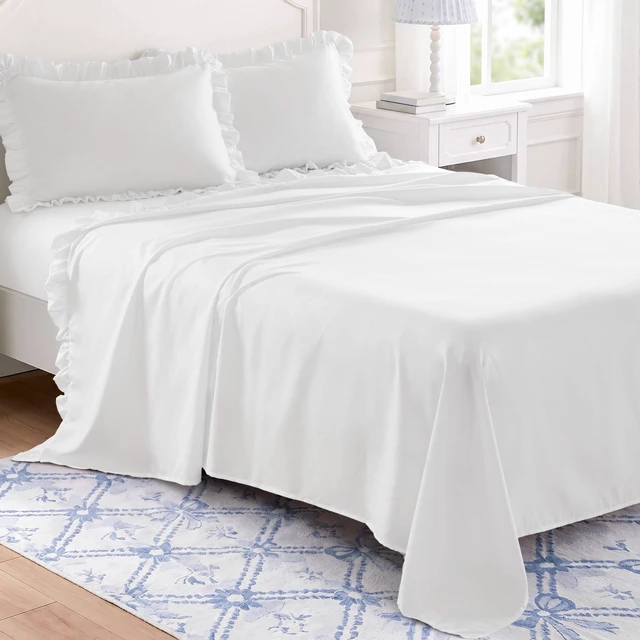 Main image of Cal King Solid Ruffled Hem Sheets, Bright, White, Microfiber, Sheets Pillowcases