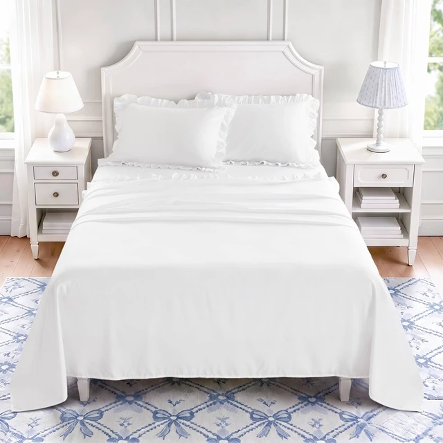 Alt view image 4 of 7 - Cal King Solid Ruffled Hem Sheets, Bright, White, Microfiber, Sheets Pillowcases