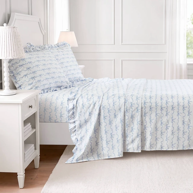 Alt view image 5 of 7 - Queen Print Ruffled Hem Sheets, Bow, Blue, Microfiber, Sheets Pillowcases
