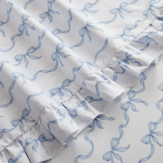 Alt view image 6 of 7 - Queen Print Ruffled Hem Sheets, Bow, Blue, Microfiber, Sheets Pillowcases