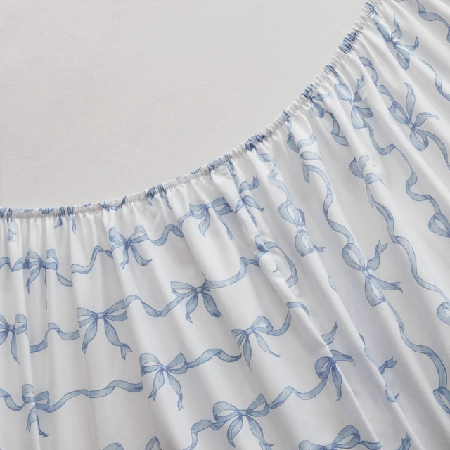 Alt view image 7 of 7 - Queen Print Ruffled Hem Sheets, Bow, Blue, Microfiber, Sheets Pillowcases