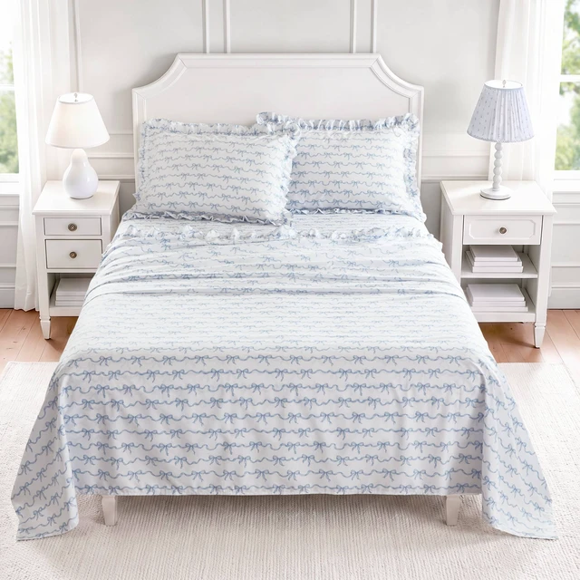 Alt view image 2 of 7 - Queen Print Ruffled Hem Sheets, Bow, Blue, Microfiber, Sheets Pillowcases