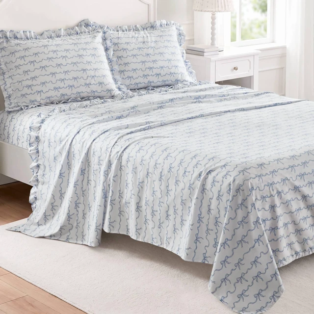 Main image of Queen Print Ruffled Hem Sheets, Bow, Blue, Microfiber, Sheets Pillowcases