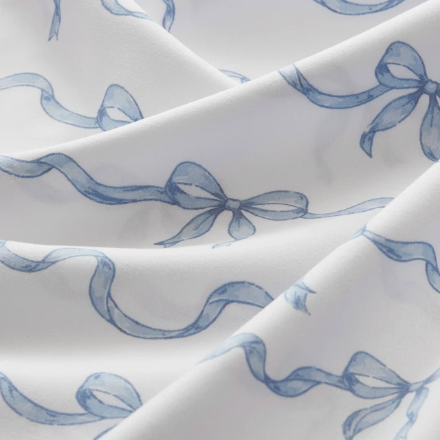 Alt view image 3 of 7 - Queen Print Ruffled Hem Sheets, Bow, Blue, Microfiber, Sheets Pillowcases