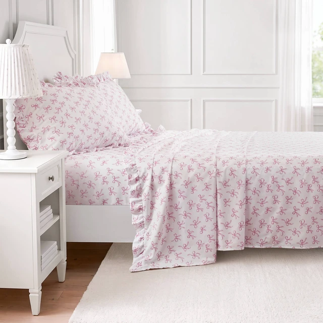 Alt view image 5 of 7 - Full Print Ruffled Hem Sheets, Bow, Pink, Microfiber, Sheets Pillowcases