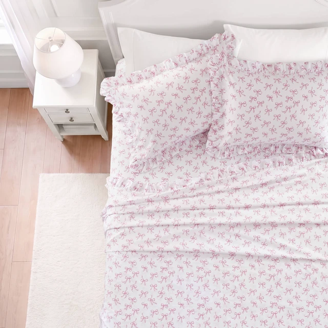 Alt view image 6 of 7 - Full Print Ruffled Hem Sheets, Bow, Pink, Microfiber, Sheets Pillowcases