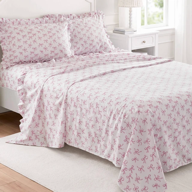 Main image of Full Print Ruffled Hem Sheets, Bow, Pink, Microfiber, Sheets Pillowcases
