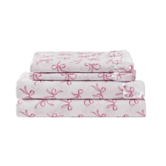 Alt view image 2 of 7 - Full Print Ruffled Hem Sheets, Bow, Pink, Microfiber, Sheets Pillowcases