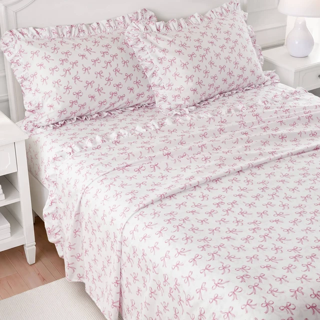 Alt view image 3 of 7 - Full Print Ruffled Hem Sheets, Bow, Pink, Microfiber, Sheets Pillowcases