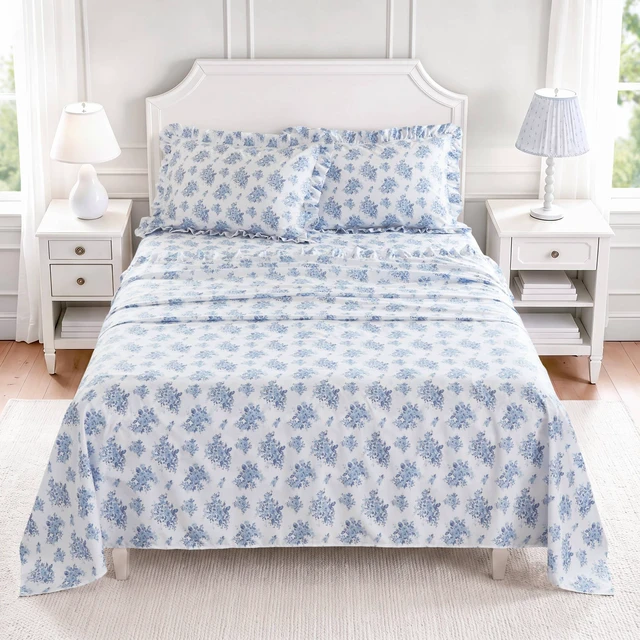 Alt view image 3 of 7 - Cal King Print Ruffled Hem Sheets, Floral, Blue, Microfiber, Sheets Pillowcases