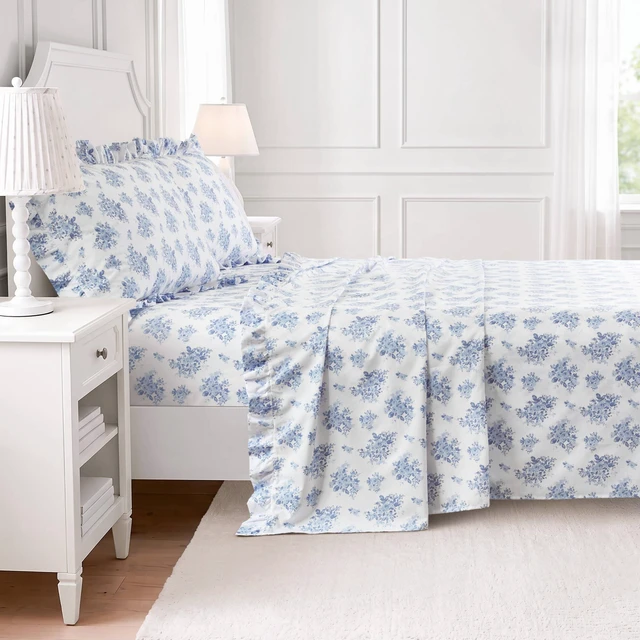 Alt view image 4 of 7 - Cal King Print Ruffled Hem Sheets, Floral, Blue, Microfiber, Sheets Pillowcases