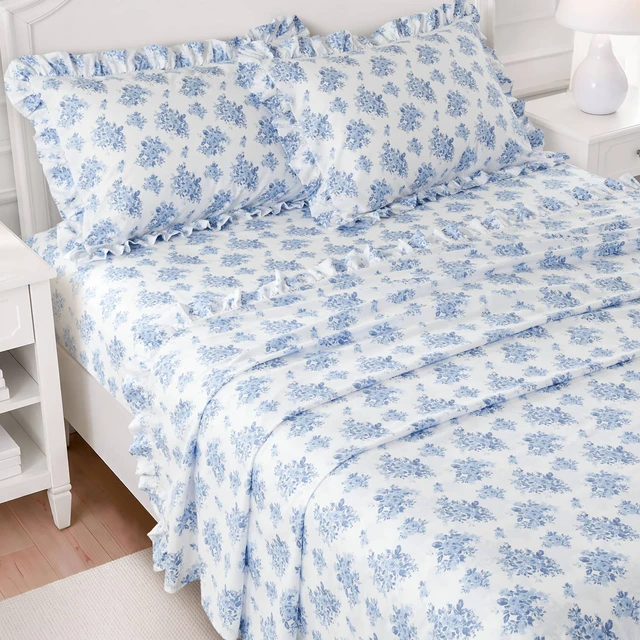 Alt view image 5 of 7 - Cal King Print Ruffled Hem Sheets, Floral, Blue, Microfiber, Sheets Pillowcases