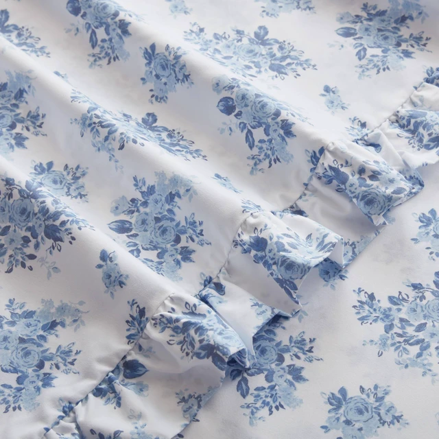 Alt view image 7 of 7 - Cal King Print Ruffled Hem Sheets, Floral, Blue, Microfiber, Sheets Pillowcases