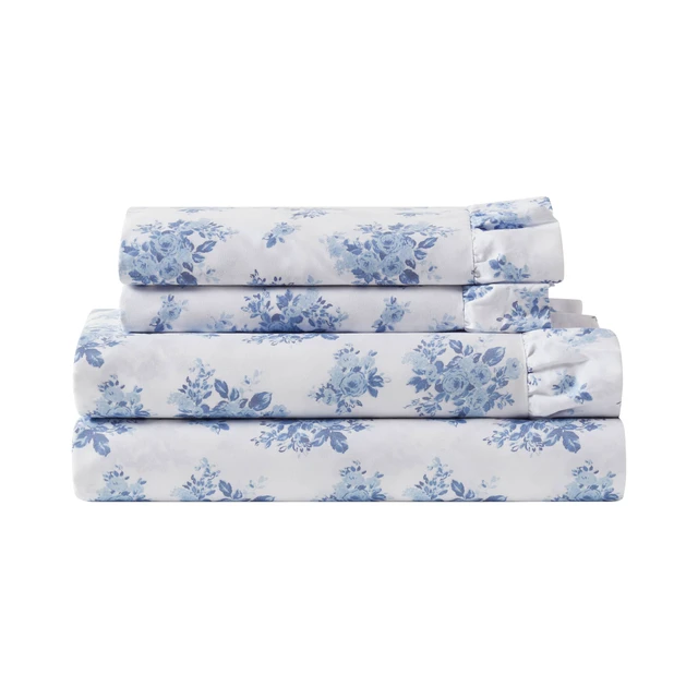 Alt view image 2 of 7 - Cal King Print Ruffled Hem Sheets, Floral, Blue, Microfiber, Sheets Pillowcases