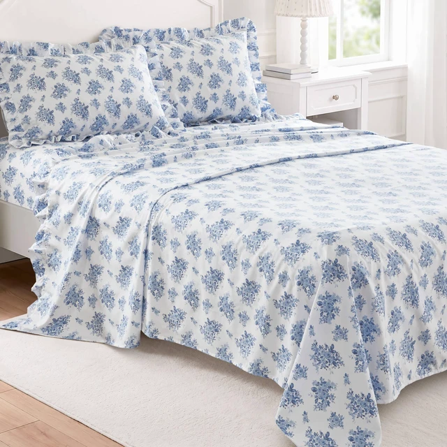 Main image of Cal King Print Ruffled Hem Sheets, Floral, Blue, Microfiber, Sheets Pillowcases