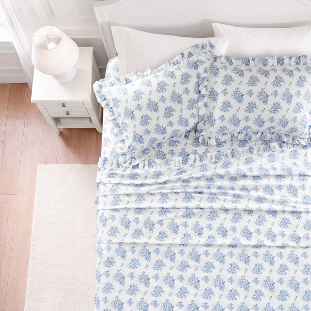 Alt view image 6 of 7 - Cal King Print Ruffled Hem Sheets, Floral, Blue, Microfiber, Sheets Pillowcases