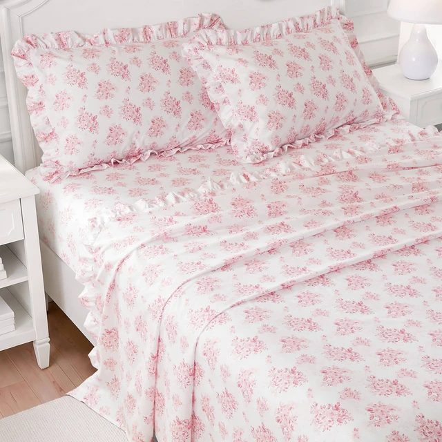 Alt view image 4 of 7 - Queen Print Ruffled Hem Sheets, Floral, Pink, Microfiber, Sheets Pillowcases