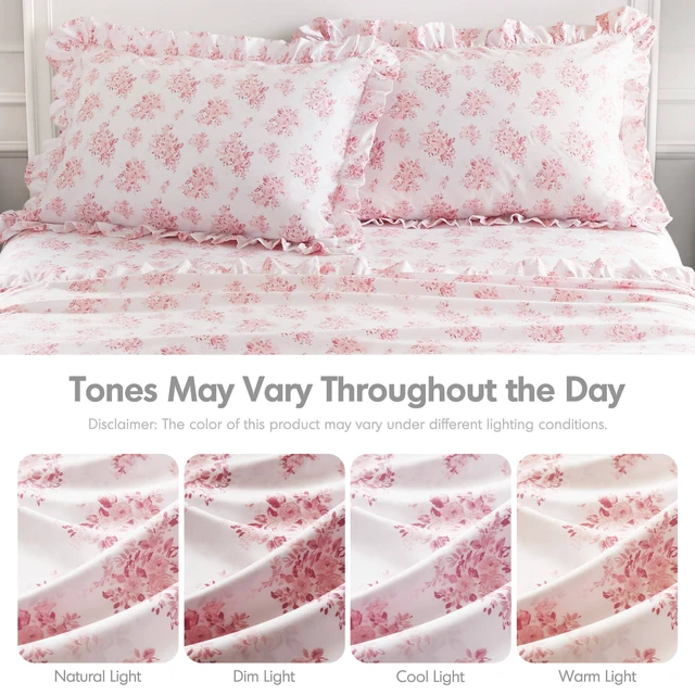 Alt view image 6 of 7 - Queen Print Ruffled Hem Sheets, Floral, Pink, Microfiber, Sheets Pillowcases