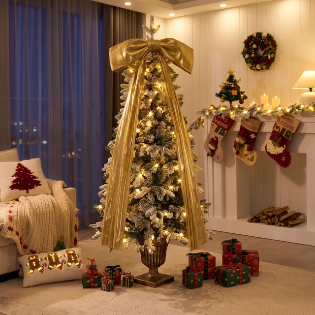Main image of Pre Lit Flocked Christmas Tree with Real Cones and Ribbon Bows, Leds Lighting Modes Tips Artificial Snow Xmas Tree