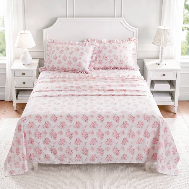 Alt view image 3 of 7 - Cal King Print Ruffled Hem Sheets, Floral, Pink, Microfiber, Sheets Pillowcases