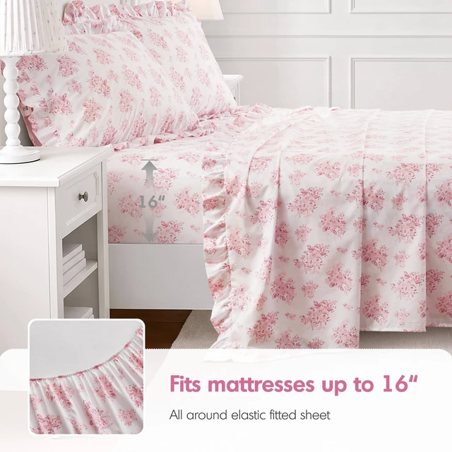 Alt view image 7 of 7 - Queen Print Ruffled Hem Sheets, Floral, Pink, Microfiber, Sheets Pillowcases