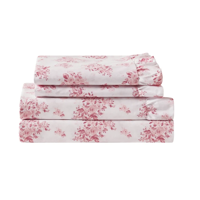 Alt view image 2 of 7 - Cal King Print Ruffled Hem Sheets, Floral, Pink, Microfiber, Sheets Pillowcases
