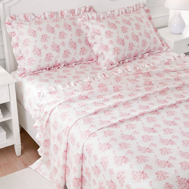 Alt view image 4 of 7 - Cal King Print Ruffled Hem Sheets, Floral, Pink, Microfiber, Sheets Pillowcases