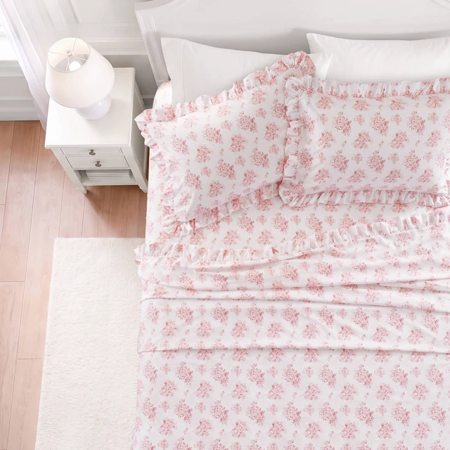 Alt view image 6 of 7 - Cal King Print Ruffled Hem Sheets, Floral, Pink, Microfiber, Sheets Pillowcases
