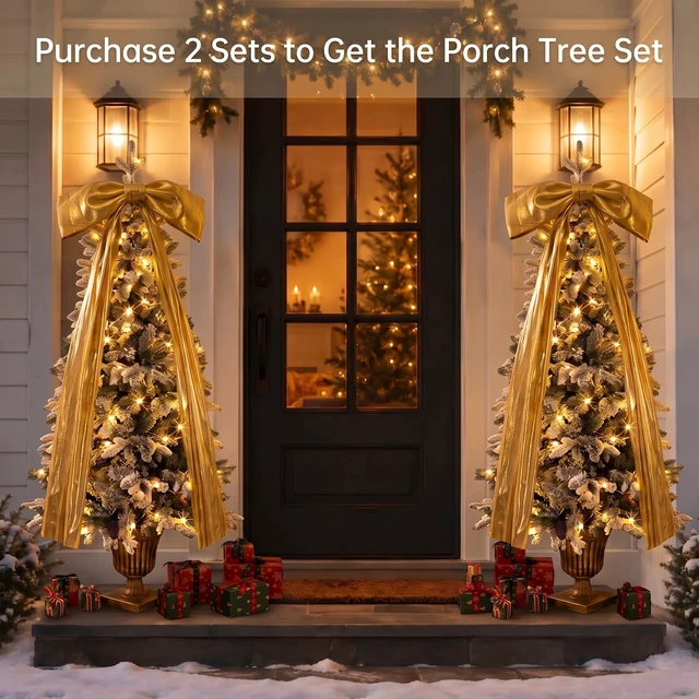 Alt view image 3 of 5 - Pre Lit Flocked Christmas Tree with Real Cones and Ribbon Bows, Leds Lighting Modes Tips Artificial Snow Xmas Tree