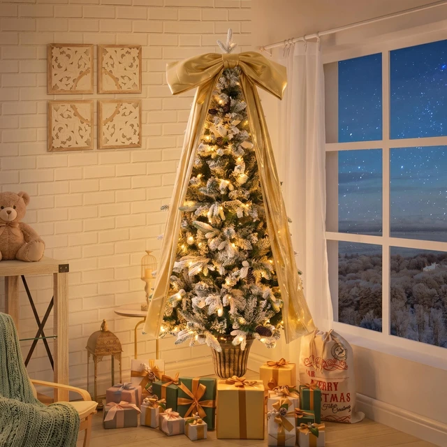 Alt view image 2 of 5 - Pre Lit Flocked Christmas Tree with Real Cones and Ribbon Bows, Leds Lighting Modes Tips Artificial Snow Xmas Tree