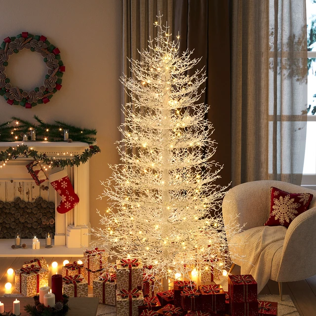 Alt view image 2 of 7 - Pre Lit Aspen Fir Artificial Christmas Tree, Hinged Xmas Tree Branch Tips LED Lights Holiday Coral Christmas for Party
