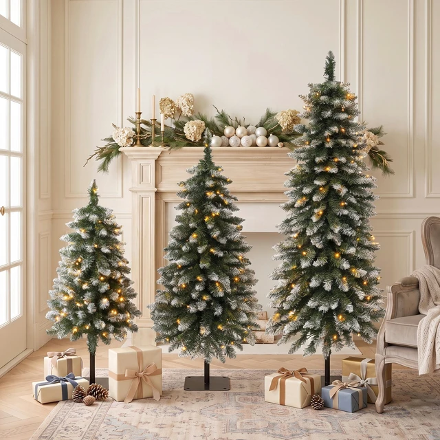 Alt view image 2 of 7 - Pack Pre Lit Snow Flocked Pencil Christmas Tree Set, Slim Artificial Xmas Trees with LED Lights and Metal Flat Base
