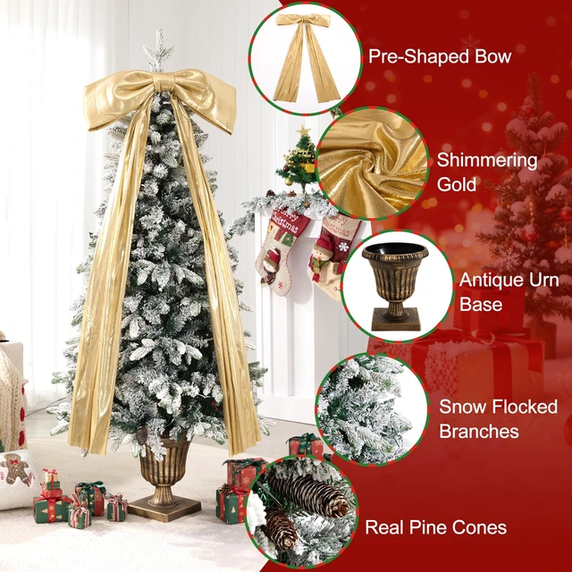 Alt view image 4 of 5 - Pre Lit Flocked Christmas Tree with Real Cones and Ribbon Bows, Leds Lighting Modes Tips Artificial Snow Xmas Tree