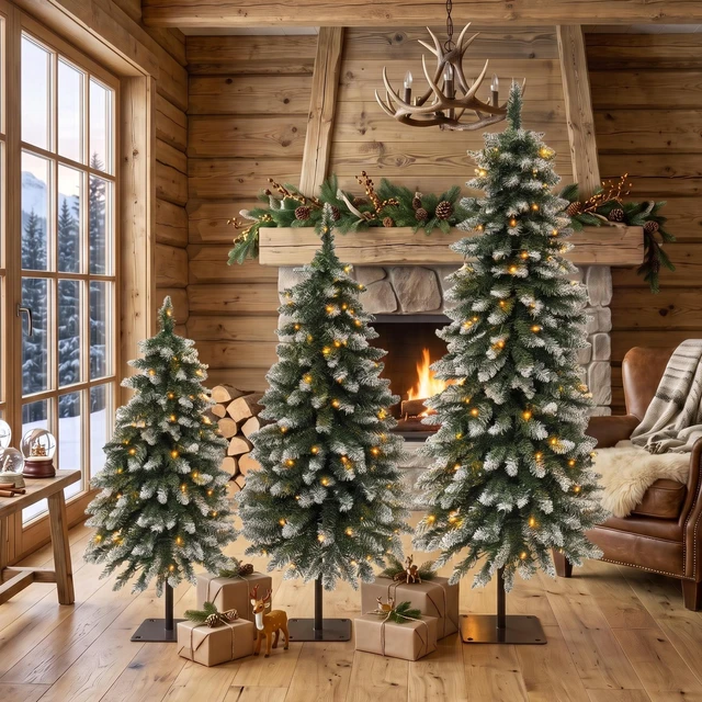 Main image of Pack Pre Lit Snow Flocked Pencil Christmas Tree Set, Slim Artificial Xmas Trees with LED Lights and Metal Flat Base