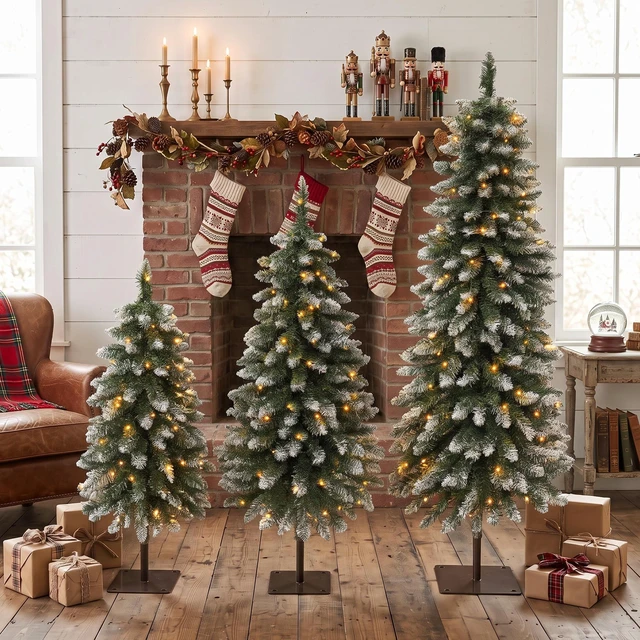 Alt view image 3 of 7 - Pack Pre Lit Snow Flocked Pencil Christmas Tree Set, Slim Artificial Xmas Trees with LED Lights and Metal Flat Base
