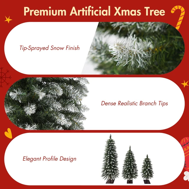 Alt view image 4 of 7 - Pack Pre Lit Snow Flocked Pencil Christmas Tree Set, Slim Artificial Xmas Trees with LED Lights and Metal Flat Base