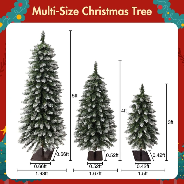 Alt view image 7 of 7 - Pack Pre Lit Snow Flocked Pencil Christmas Tree Set, Slim Artificial Xmas Trees with LED Lights and Metal Flat Base